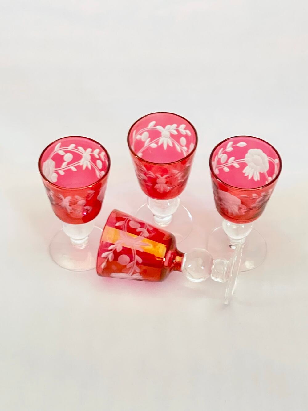 Set of 4 Cranberry Flash Floral Glasses Vitage Glass